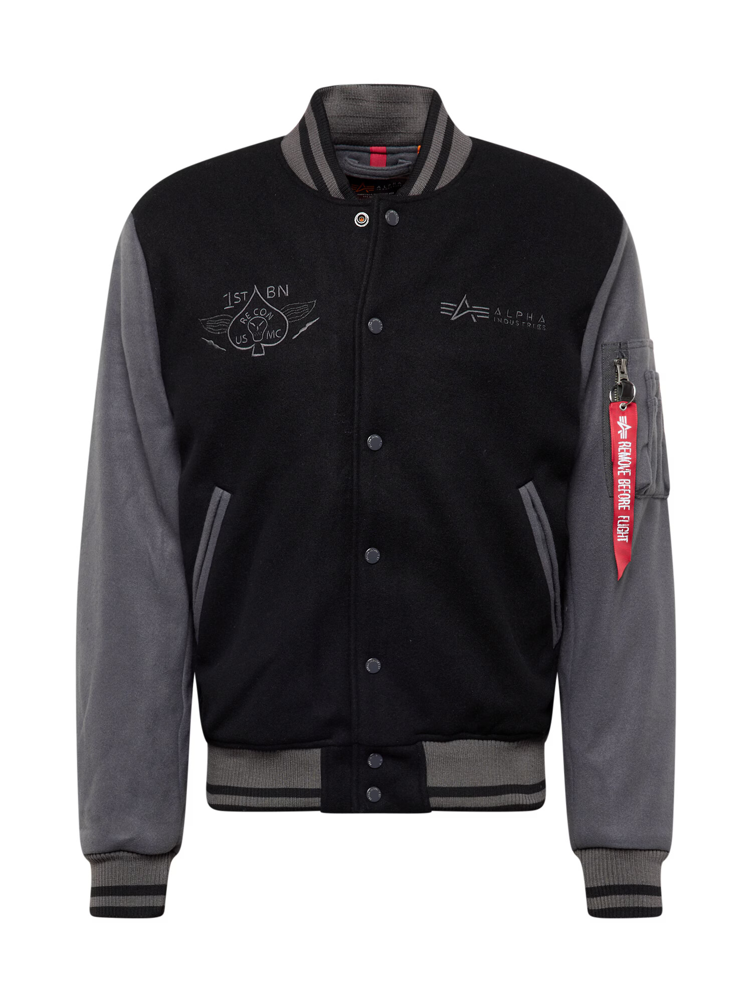 ALPHA INDUSTRIES Φθινοπωρινό και ανοιξιάτικο μπουφάν 'Varsity' γραφίτης / κόκκινο / μαύρο / λευκό - Pepit.gr