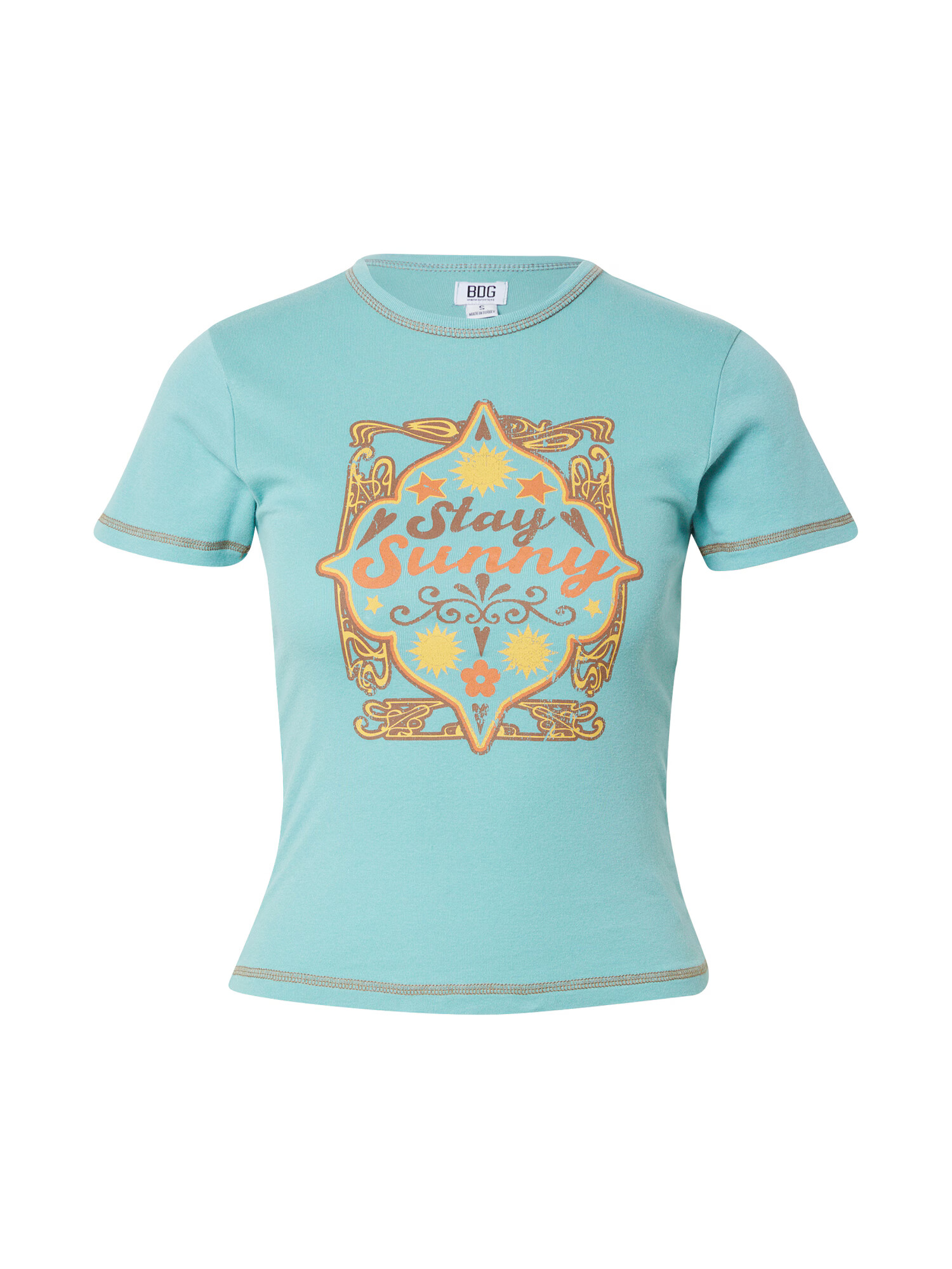 BDG Urban Outfitters Μπλουζάκι 'STAY SUNNY BABY' γαλάζιο / καφέ / κίτρινο / πορτοκαλί - Pepit.gr