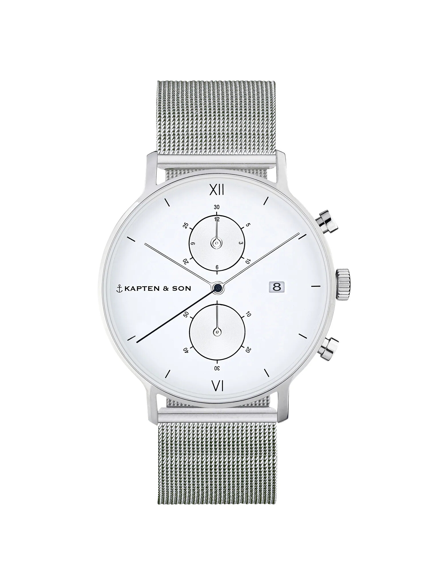 Kapten & Son Αναλογικό ρολόι 'Chrono Small Silver Mesh' ασημί / λευκό - Pepit.gr