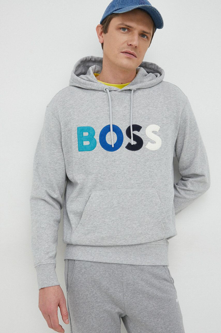 Boss Orange Βαμβακερή μπλούζα BOSS BOSS CASUAL χρώμα: γκρι με κουκούλα - Pepit.gr