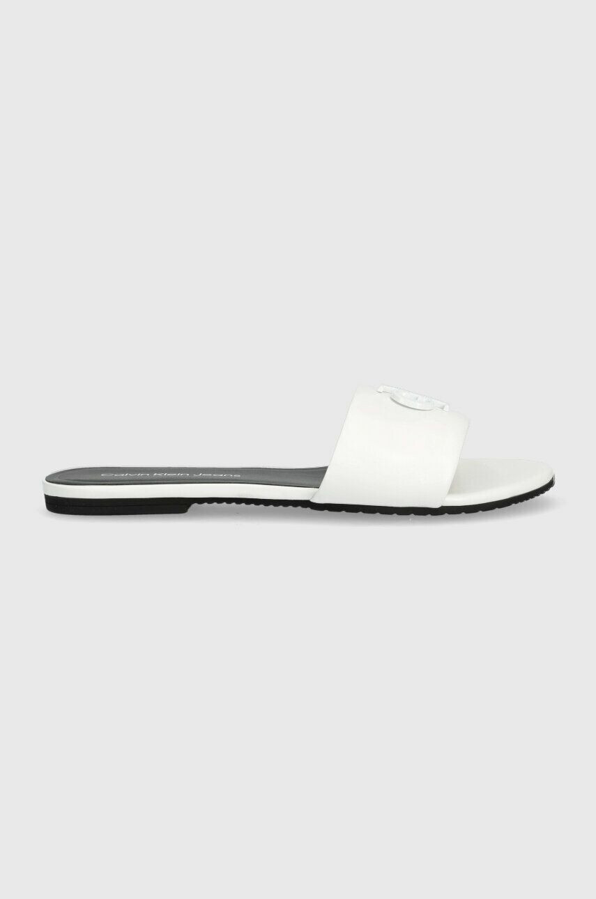 Calvin Klein Jeans Δερμάτινες παντόφλες FLAT SANDAL STRAP HW γυναικείες χρώμα: άσπρο YW0YW00952 - Pepit.gr