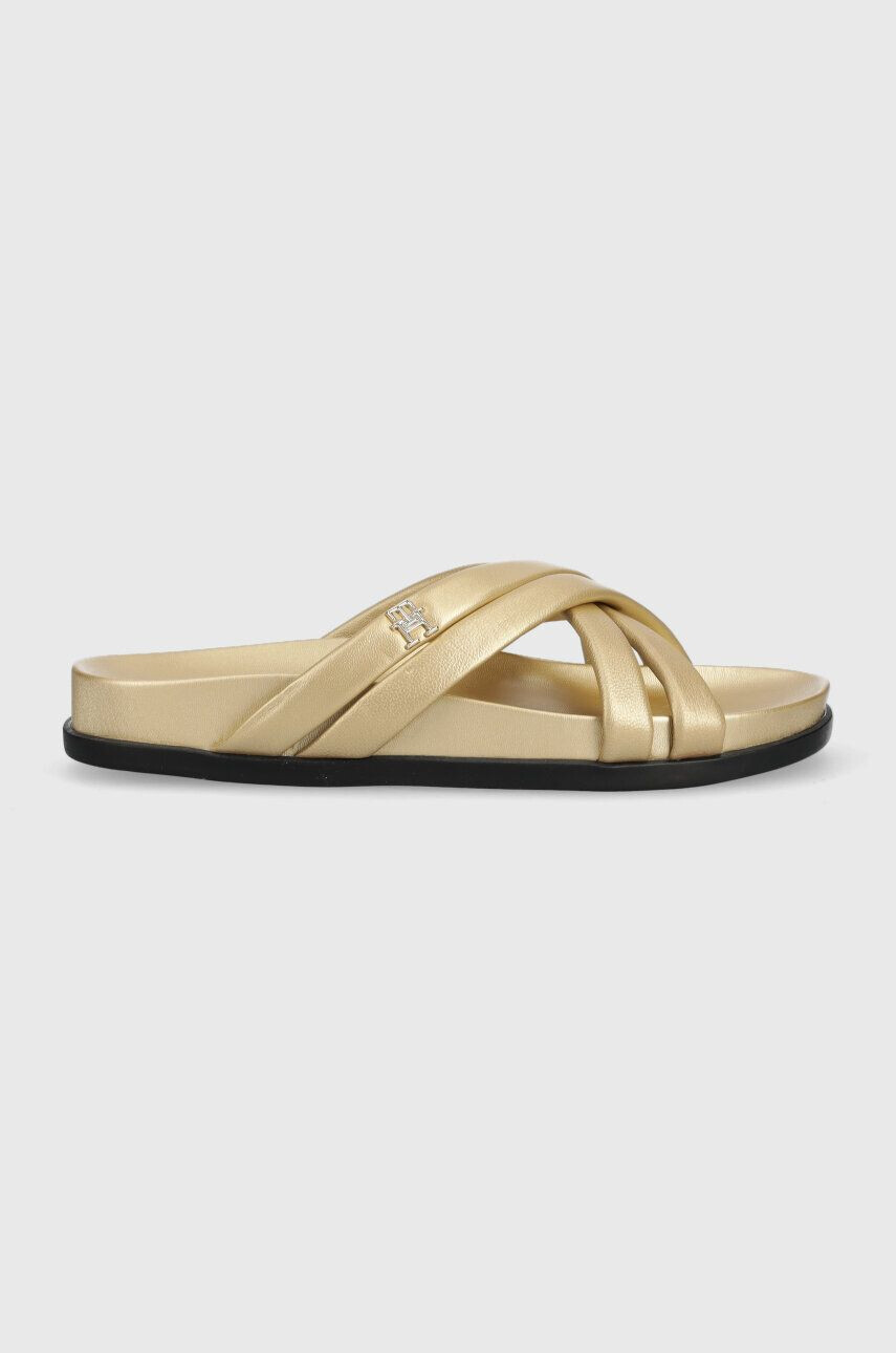 Tommy Hilfiger Δερμάτινες παντόφλες STRAP FEMININE SANDAL GOLDEN - Pepit.gr