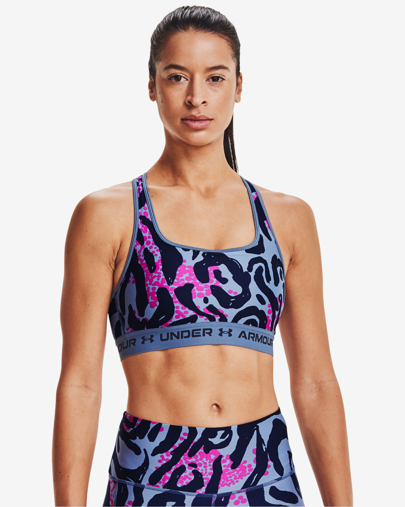 Under Armour Crossback Mid Print Bra Blue Pink - Pepit.gr